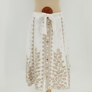Johnny Was Los Angeles Tasya Linen Embroidered Skirt Button Front Medium Belted